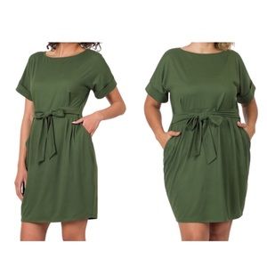 Army green tie waist dress with pockets